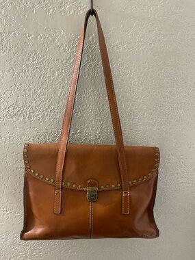Patricia Nash Tan Brown Leather Shoulder Bag with Stud Trim